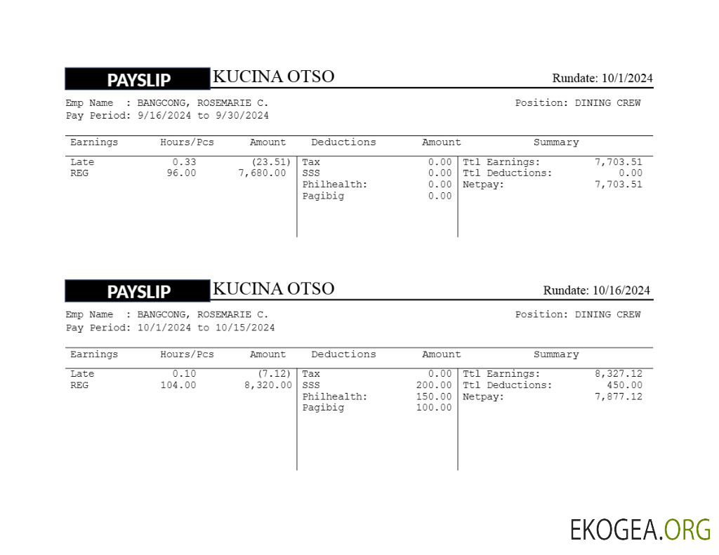 Modèle de fiche de paie du restaurant Kusina Otso aux formats Word et PDF.pdf, 1